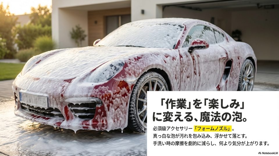 フォームノズルを使用した泡洗車の様子