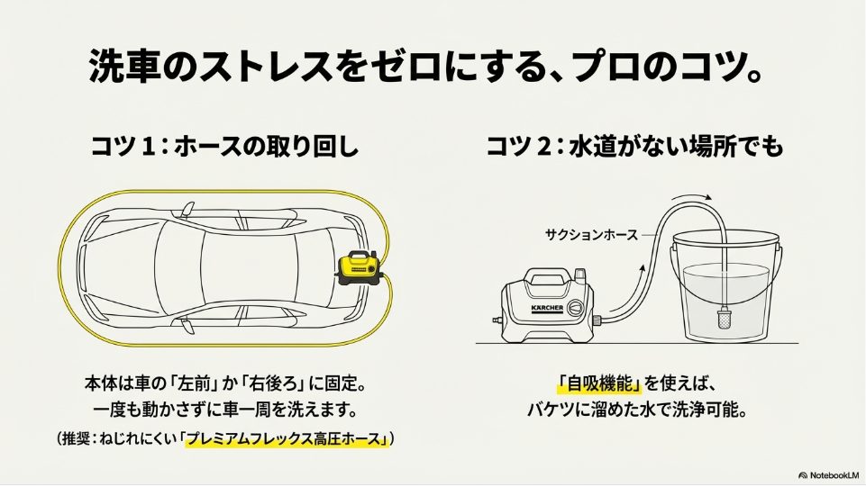 効率的な高圧ホースの取り回しと自吸機能の接続図