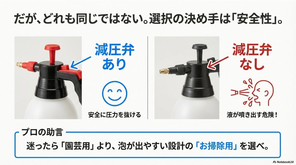 加圧式噴霧器の減圧弁の有無による安全性の違いを比較した図
