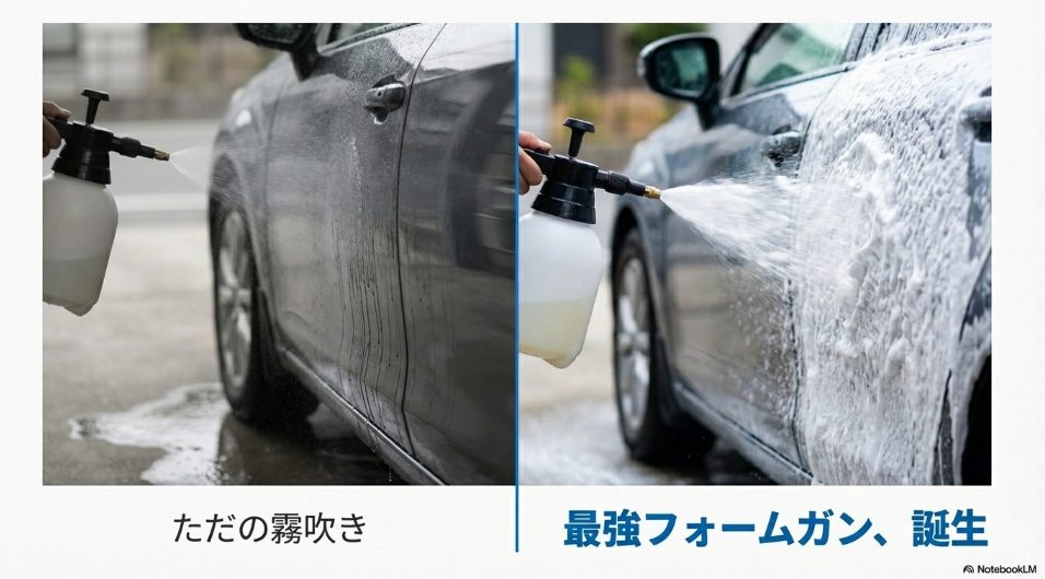 ダイソー噴霧器の改造前（霧状）と改造後（濃厚泡）の比較写真