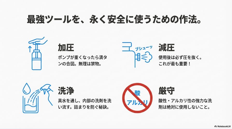 加圧、減圧、洗浄の手順と酸性・アルカリ性洗剤使用禁止の注意喚起