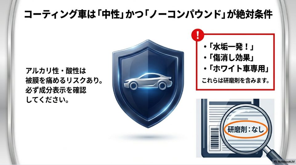 コーティング施工車に安全な中性・ノーコンパウンドシャンプーの選び方と研磨剤なしの確認ポイント