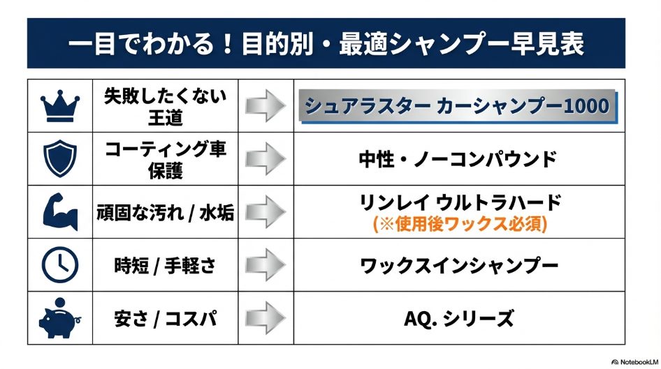 オートバックスで選ぶ目的別・汚れ別のおすすめカーシャンプー早見表