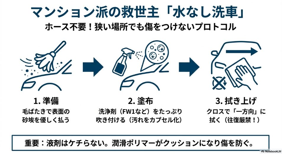 マンション派の救世主「水なし洗車」。ホース不要で狭い場所でも傷をつけない手順（準備・塗布・拭き上げ）の図解