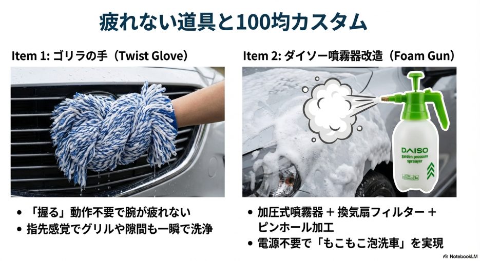 ダイソーの加圧式噴霧器（Simden pressure sprayer）の改造によるモコモコ泡洗車と、洗車用品「ゴリラの手」の紹介