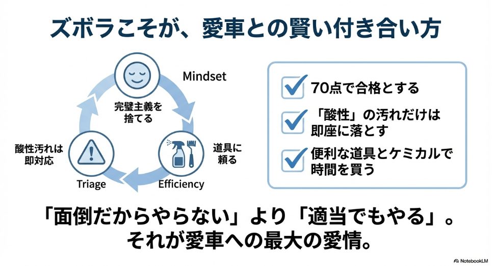 完璧主義を捨てて道具に頼り、効率的に愛車を維持するための「トリアージ・マインドセット・効率化」のサイクル図