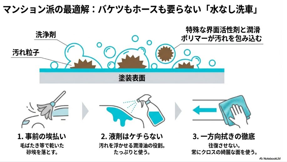 界面活性剤とポリマーが汚れを包み込む水なし洗車の仕組みと推奨手順