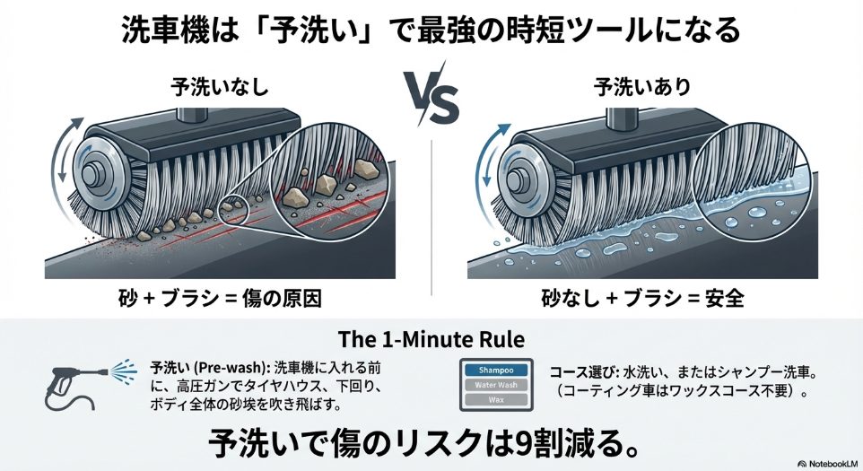 洗車機のブラシによる傷の原因となる砂汚れを予洗いで防ぐ比較図解
