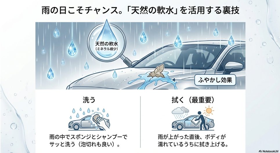 天然の軟水である雨を利用した洗車のメリットとふやかし効果の図解