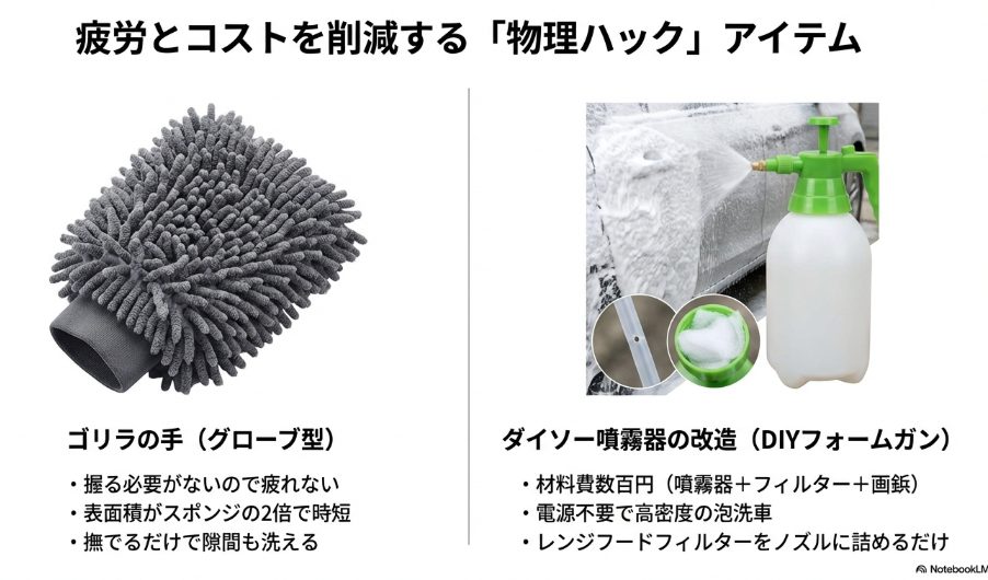 疲労を軽減するゴリラの手とダイソー噴霧器を改造した泡洗車グッズの紹介