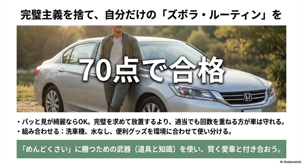 完璧主義を捨てて自分だけのズボラルーティンで愛車を守る70点合格の考え方