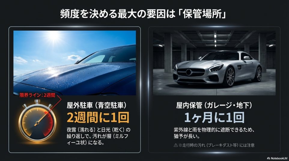屋外駐車は2週間に1回、屋内保管は1ヶ月に1回が洗車頻度の目安。夜露と日光の繰り返しによる汚れの層についての解説図。