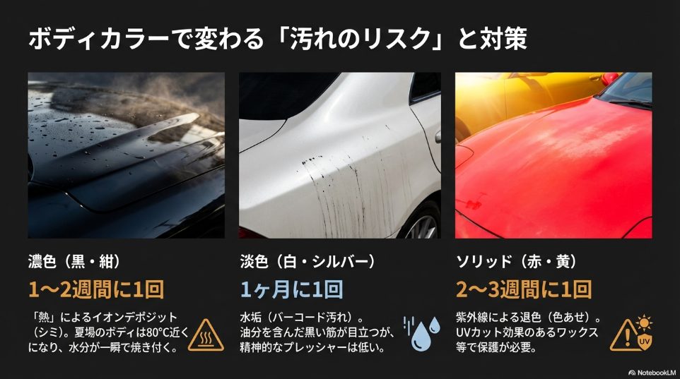 濃色車は熱によるイオンデポジット、淡色車は水垢、ソリッドカラーは紫外線退色など、色ごとのリスクと推奨洗車頻度の一覧表。