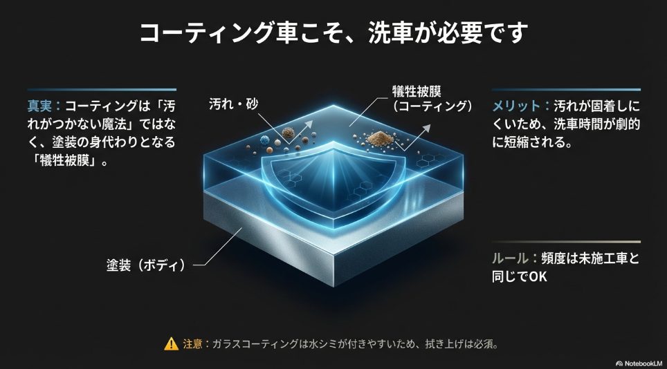 コーティングは汚れがつかない魔法ではなく、塗装の代わりに汚れや砂を受け止める犠牲被膜であることを示す図解