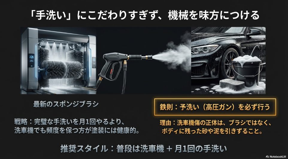洗車機傷の主な原因はブラシではなくボディに残った砂や泥であるため、高圧ガンでの予洗いが重要であることを解説した図