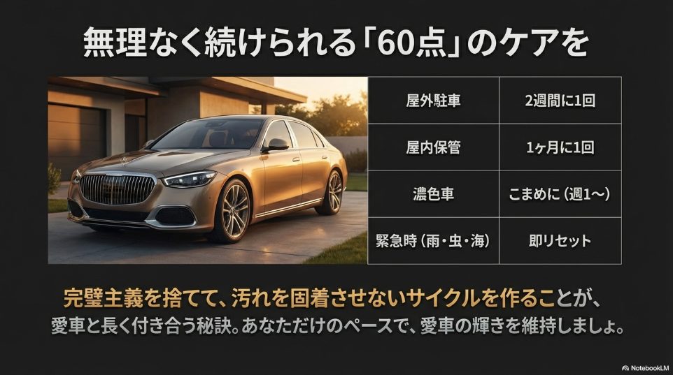 屋外駐車、屋内保管、濃色車、緊急時それぞれの推奨頻度と、60点のケアで継続することの重要性をまとめた表。