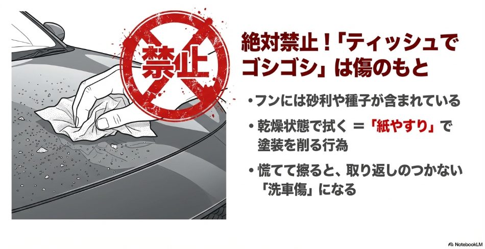 乾燥した鳥のフンをティッシュで強く擦ってはいけないという禁止のイラスト。砂利や種子が含まれており塗装を傷つける原因となる。