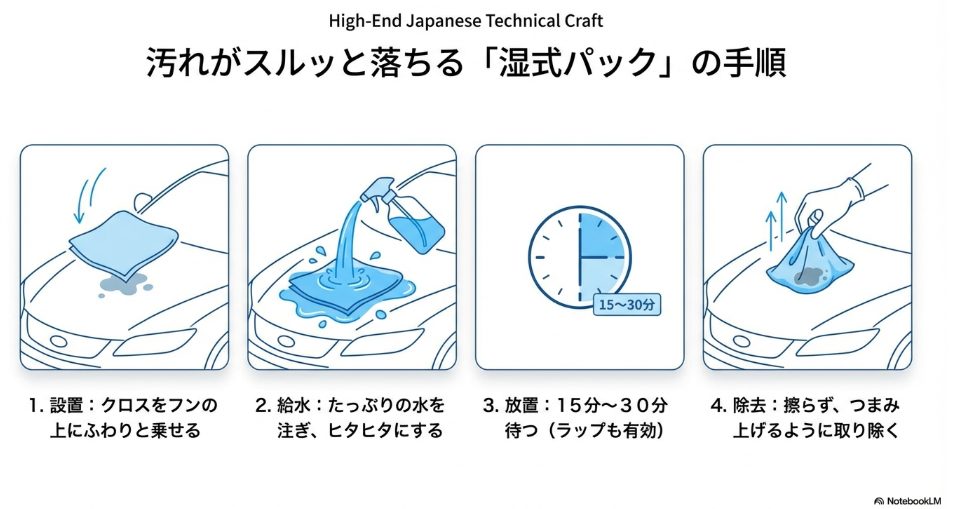 鳥のフンを塗装を傷つけずに落とす湿式パック法の手順図解。1.クロスを乗せる 2.水をたっぷりかける 3.15分から30分放置する 4.優しくつまみ取る