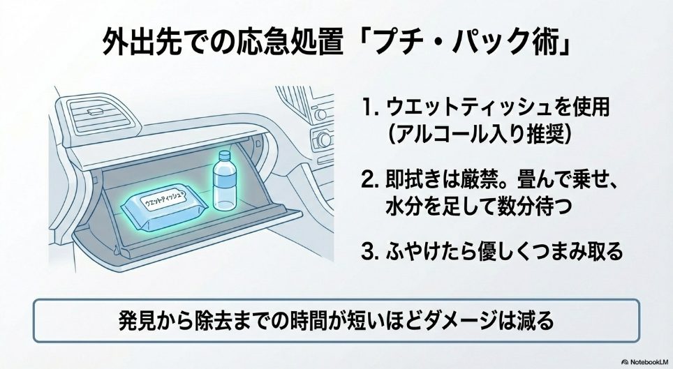 外出先での鳥のフン被害に備えて、車のグローブボックスに常備しておくべきウエットティッシュと水のイラスト" title="外出先での応急処置セット