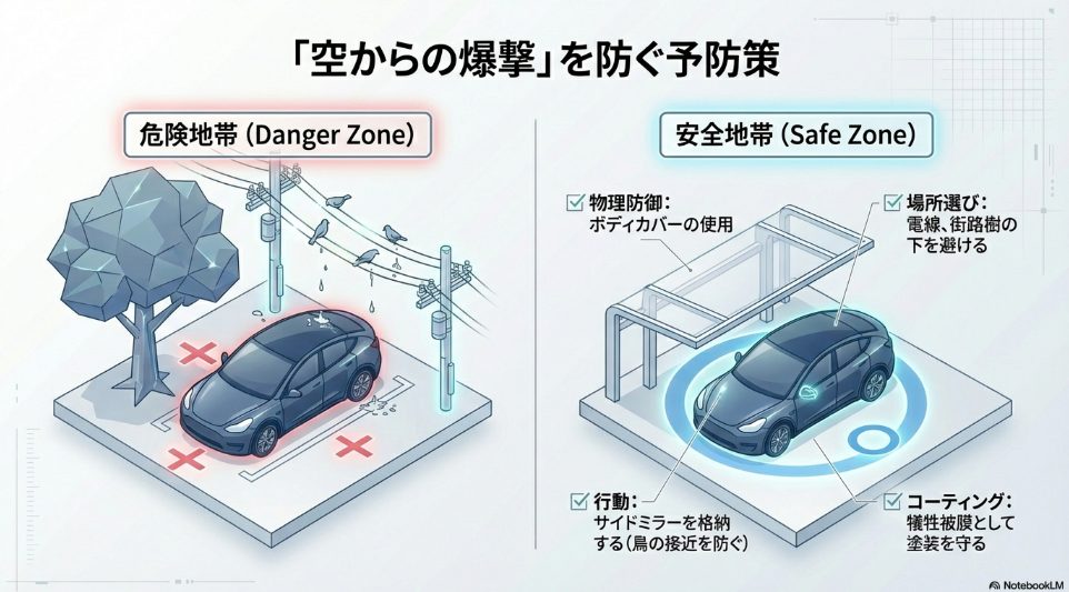 電線や街路樹の下などの「危険地帯」を避け、ボディカバーやサイドミラー格納で鳥のフンを防ぐ「安全地帯」を作る予防策の図解