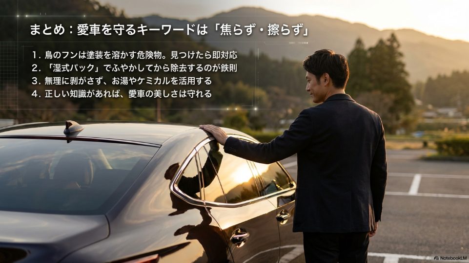 1.見つけたら即対応 2.湿式パックでふやかす 3.お湯やケミカルを活用 4.正しい知識で愛車を守る、という鳥のフン対策4つのまとめ" title="鳥のフン対策のまとめ