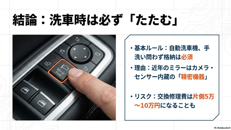 洗車時は必ずサイドミラーをたたむ結論と交換修理費のリスク