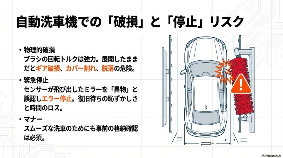 自動洗車機の回転ブラシが展開したサイドミラーに接触する破損リスクの図解