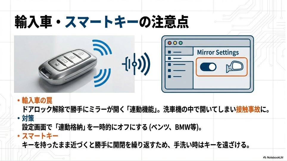 輸入車のドアロック連動ミラー格納設定の落とし穴とスマートキーの注意点