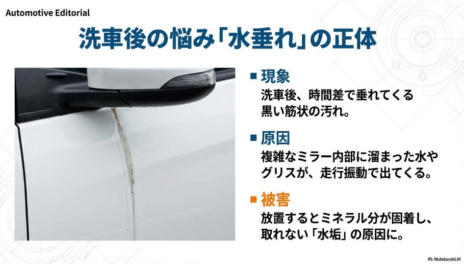 洗車後にサイドミラーから垂れる黒い筋状の水垢汚れの原因とメカニズム