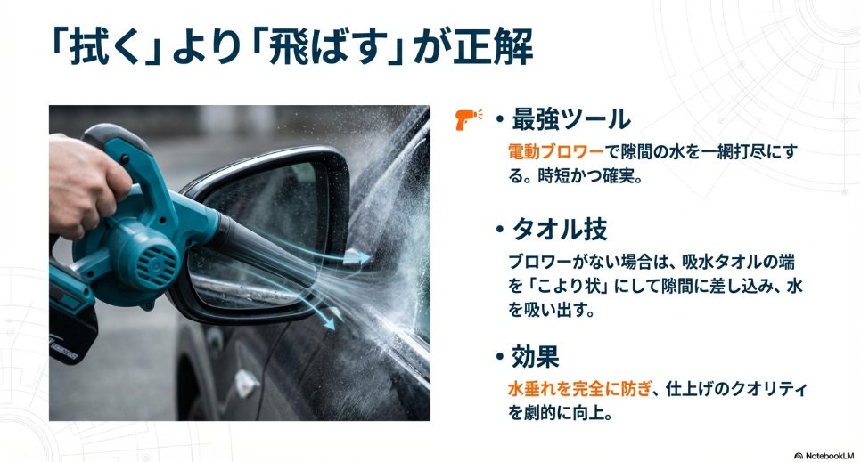 電動ブロワーを使ってサイドミラーの隙間の水滴を吹き飛ばす様子
