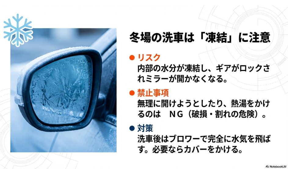 冬場の洗車でサイドミラー内部が凍結するリスクとやってはいけないこと
