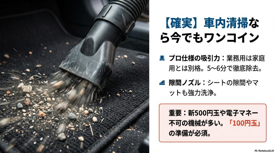 コイン洗車場の業務用掃除機で車内清掃を行う様子