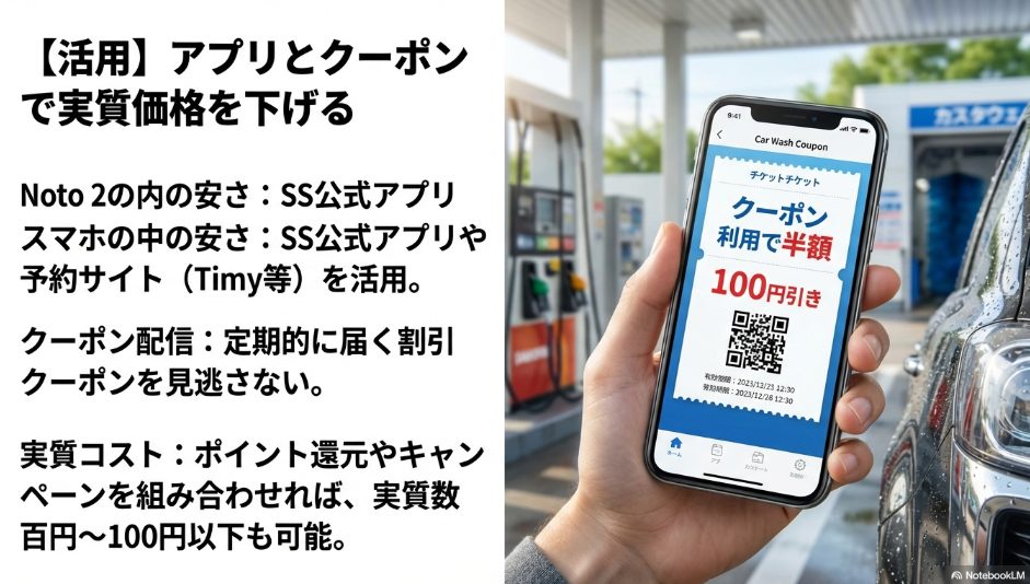 洗車アプリのクーポン画面と実質価格を下げる仕組み