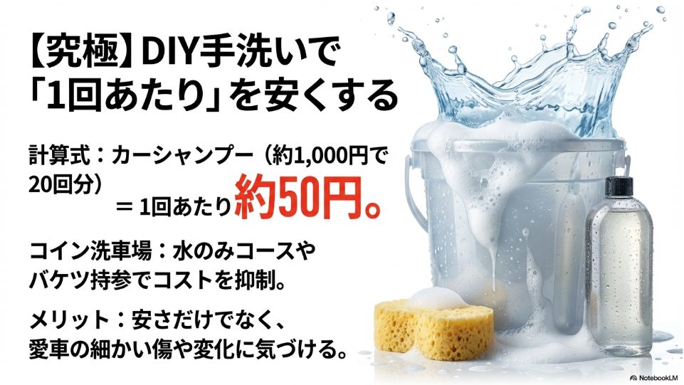 DIY手洗い洗車における1回あたりのコスト計算イメージ