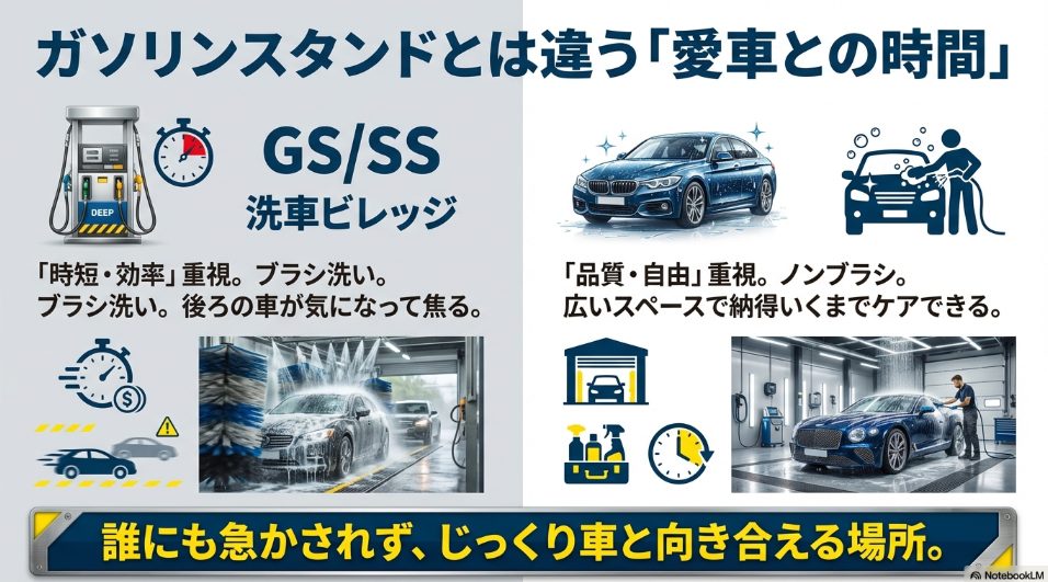 ガソリンスタンド洗車と洗車ビレッジ春日山の使い分け・メリット比較