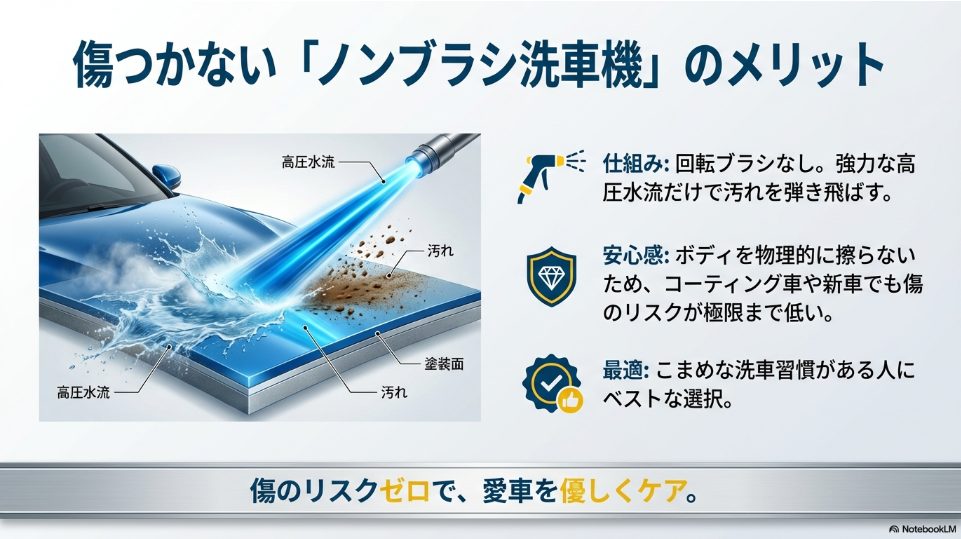 傷つかないノンブラシ洗車機の高圧水流メカニズム