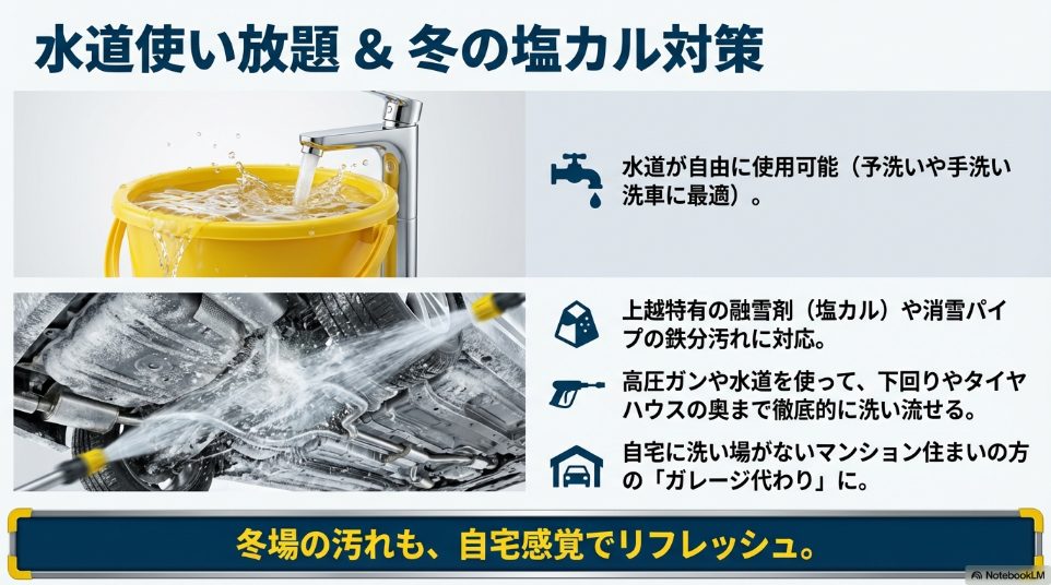 水道使い放題と高圧洗浄ガンによる冬の塩カル・下回り洗浄