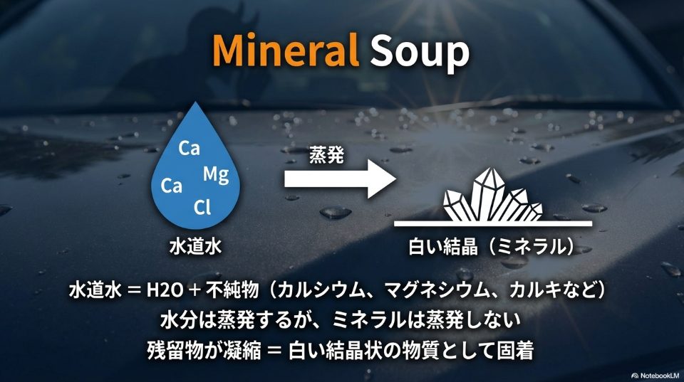 水道水のミネラル成分が蒸発して白い結晶（イオンデポジット）になる化学的メカニズム