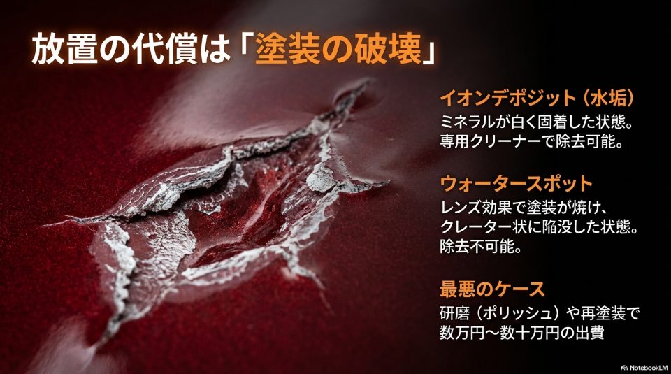 除去可能なイオンデポジットと修復不可能なウォータースポットの違いと高額な修復コスト