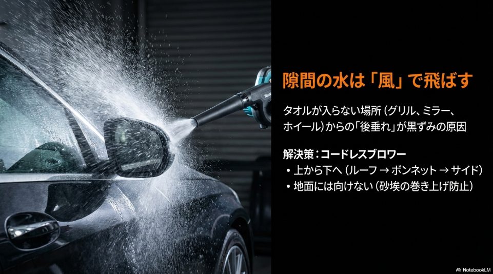 コードレスブロワーで隙間の水を吹き飛ばして後垂れと黒ずみを防ぐ方法