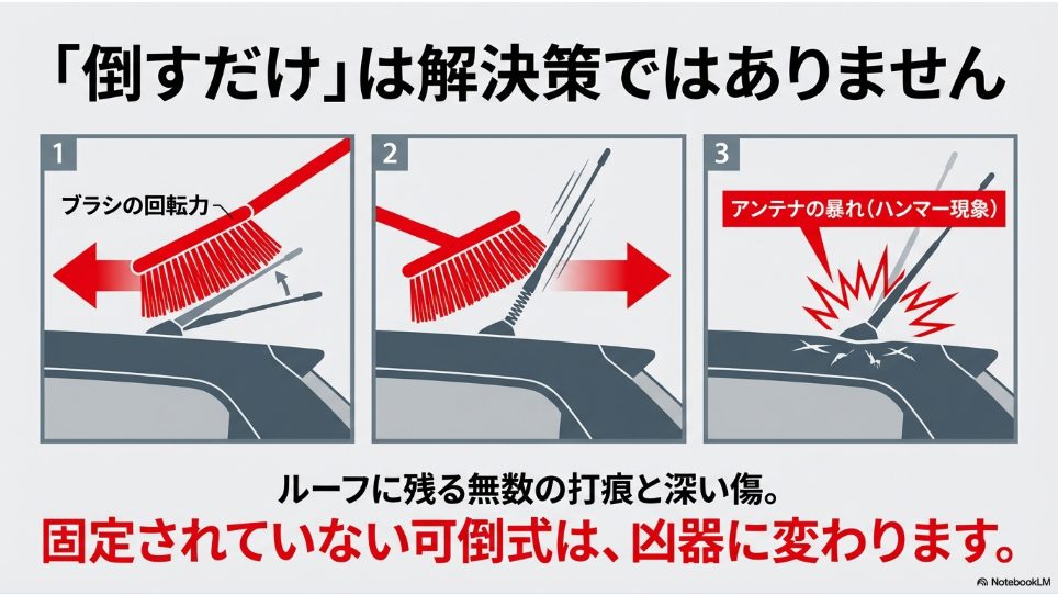 可倒式アンテナが洗車機ブラシで暴れてルーフを叩くハンマー現象のイラスト