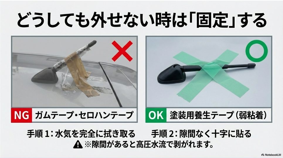 洗車時のアンテナ固定におけるNG例（ガムテープ）とOK例（養生テープの十字貼り）