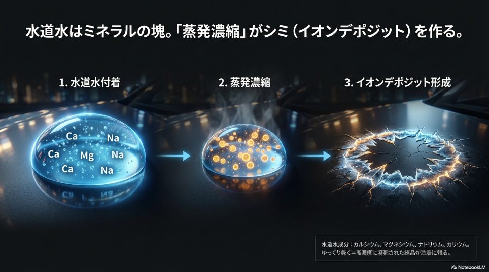 水道水に含まれるミネラル成分が蒸発濃縮されてイオンデポジットになる仕組み