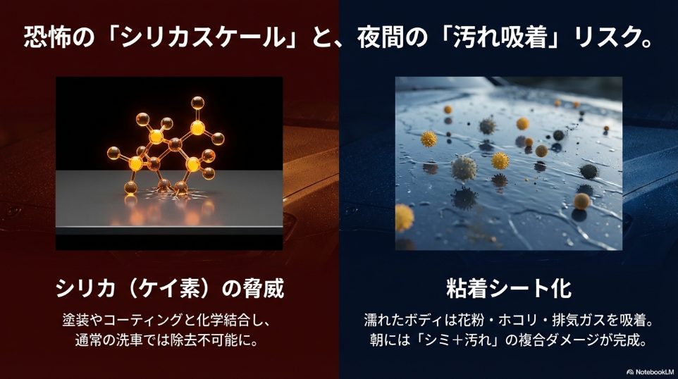 除去困難なシリカスケールの脅威と夜間の汚れ吸着リスクを図解