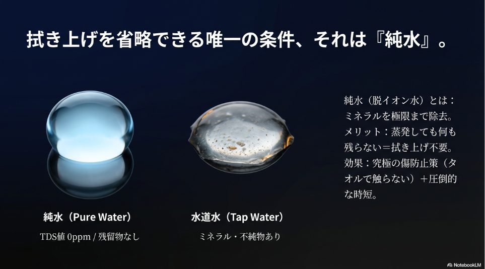 純水と水道水の違い比較。TDS値0ppmで拭き上げ不要になる理由