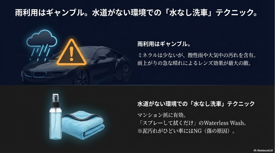 雨利用洗車のリスクと水道なし環境での水なし洗車テクニック
