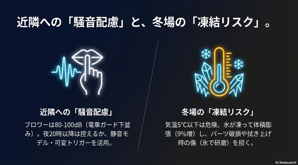 夜間洗車の騒音配慮と冬場の凍結リスクに関する注意喚起