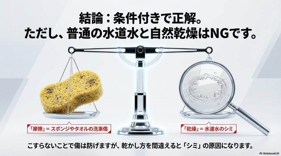 摩擦による洗車傷のリスクと、水道水の自然乾燥によるシミ（イオンデポジット）のリスクを対比させた解説図。