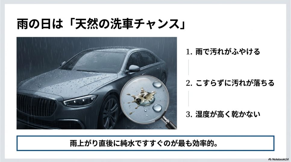 雨に濡れる高級車と、雨水によって汚れがふやけて浮き上がっている様子の拡大図。