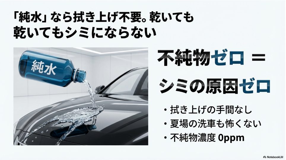 純水のボトルから水が注がれている車の画像。不純物ゼロのため乾いてもシミにならないことを示すイメージ。